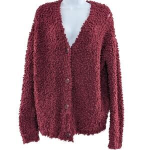 Cozy Red Sweater Boucle Teddy Knit Cardigan by RXB Size Small